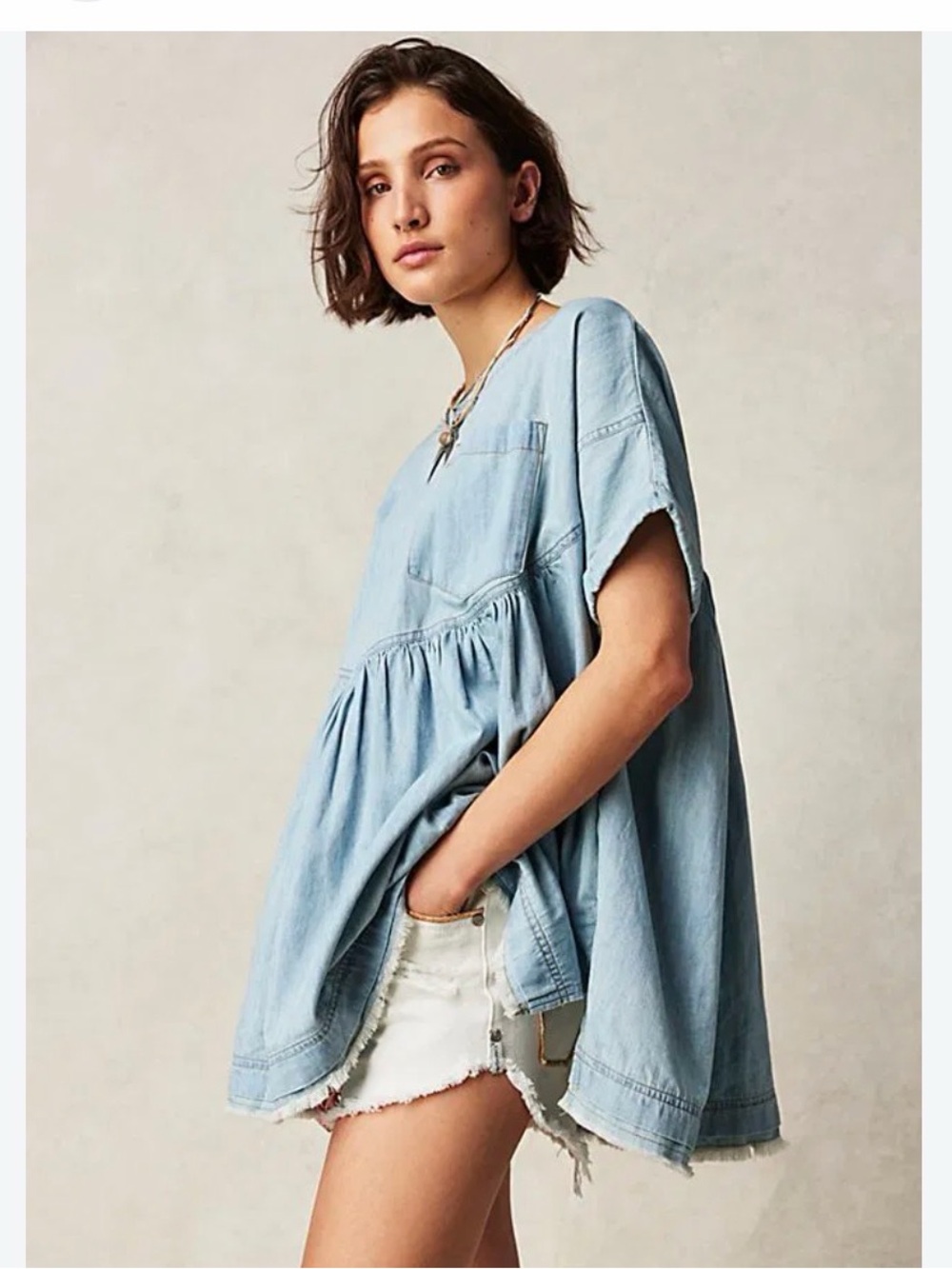 We The Free Light-Wash Denim Babydoll Tunic Top